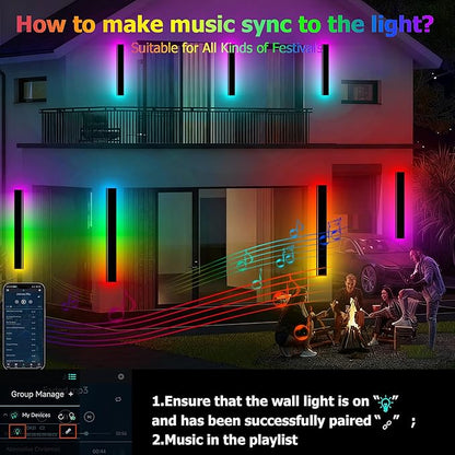 RGB Outdoor Wall Lights Exterior,24in 2PC Modern Outside Linear Wall Sconce,IP65 Waterproof Contemporary Proch Light with Remote and APP Control,Timer Schedule,for Garage and Entrance