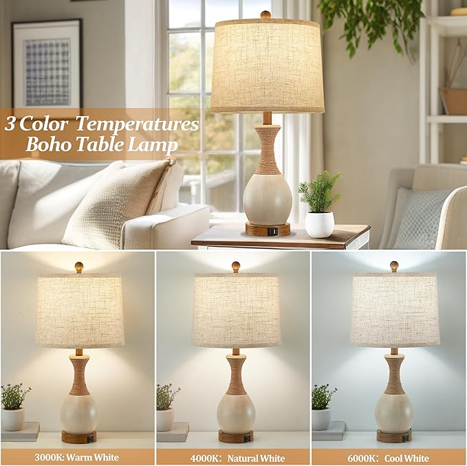 Table Lamp for Bedroom Set of 2 - Bedside Table Lamps with Adjustable Color Temperatures - Boho Rattan Lamps for Nightstand with USB A+C Charging Ports Farmhouse Living Room Lamp Bulb Included
