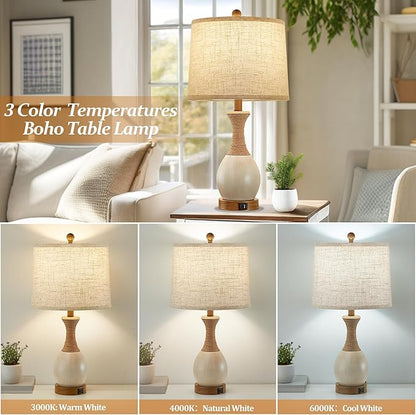 Table Lamp for Bedroom Set of 2 - Bedside Table Lamps with Adjustable Color Temperatures - Boho Rattan Lamps for Nightstand with USB A+C Charging Ports Farmhouse Living Room Lamp Bulb Included