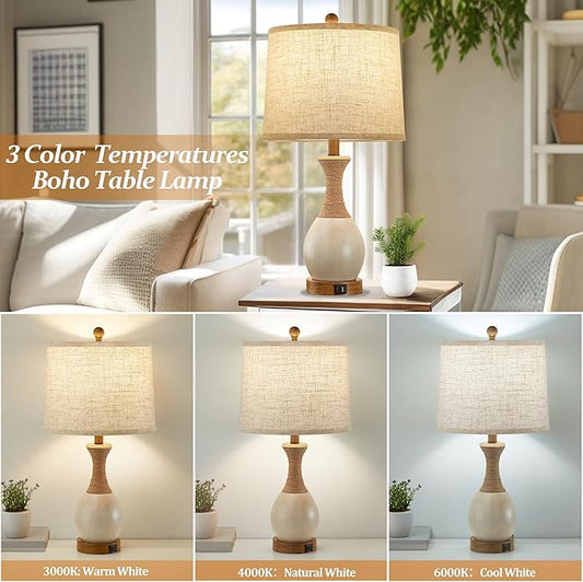 Table Lamp for Bedroom Set of 2 - Bedside Table Lamps with Adjustable Color Temperatures - Boho Rattan Lamps for Nightstand with USB A+C Charging Ports Farmhouse Living Room Lamp Bulb Included