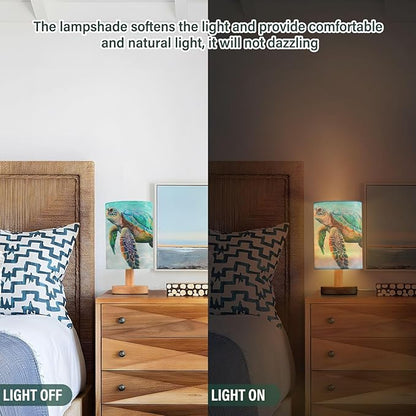 Bedside Lamp Sea Turtle Beach Table Lamp for Bedroom LED Nightstand Lamp Shade USB Ports Wood Base for Living Room Dorm Office