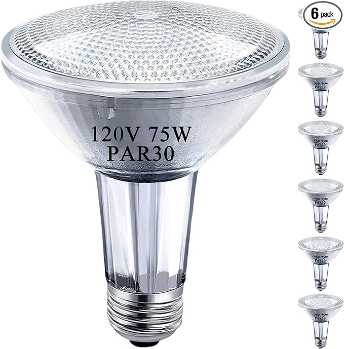 PAR30 120V 75W Long Neck Halogen Bulbs,PAR30 Flood Light Bulb, Dimmable, E26 Medium Base, 2700K Warm Lighting, 3000 Hours for Recessed Light Bulb, 6 Pack