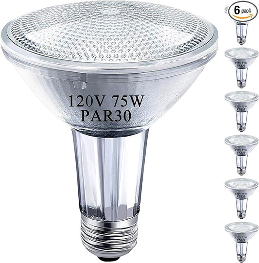 PAR30 120V 75W Long Neck Halogen Bulbs,PAR30 Flood Light Bulb, Dimmable, E26 Medium Base, 2700K Warm Lighting, 3000 Hours for Recessed Light Bulb, 6 Pack