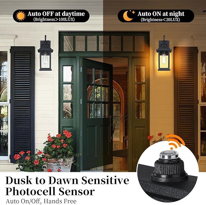 Dusk to Dawn Outdoor Wall Sconce Lights Exterior 2-Pack, 15" Waterproof Black Exterior Lighting Fixtures, Retro Porch Lights Outdoor Garage Lighting Wall Mount Coach Lights for House Garage