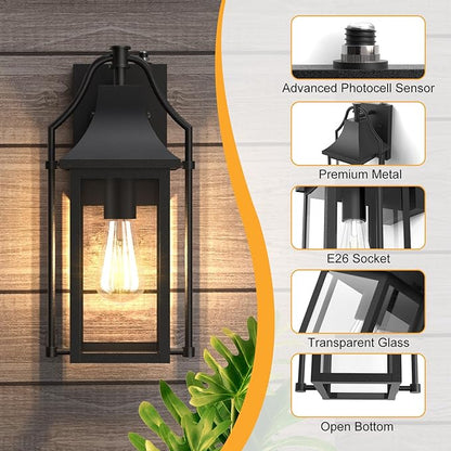Dusk to Dawn Outdoor Wall Light, Waterproof Wall Sconces, Exterior Wall Mount Lantern Sconce with Glass, Black Patio Lanterns for House Garage Front Door, 14.8in, 1 Pcak