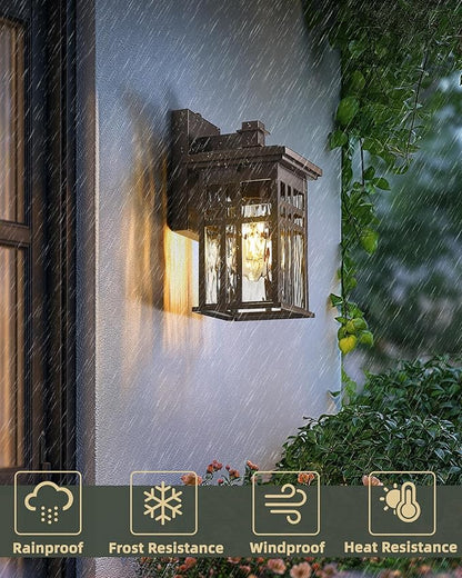 Outdoor Wall Sconce 2-Pack, HWH Dusk to Dawn Exterior Wall Light Fixtures, Farmhouse Outside Lights for House Oil-Rubbed-Bronze with Water Ripple Glass, 5HD27B-PC-2PK ORB-WP