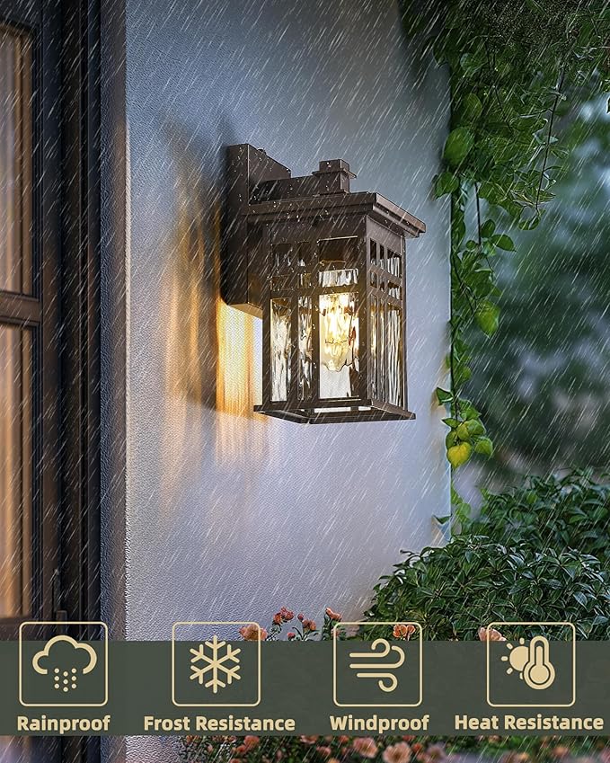 Dusk to Dawn Outdoor Lighting, HWH Outdoor Wall Lights Exterior Wall Lantern Light Waterproof, Oil-Rubbed-Bronze Finish with Water Ripple Glass, 5HD27B-PC ORB-WP