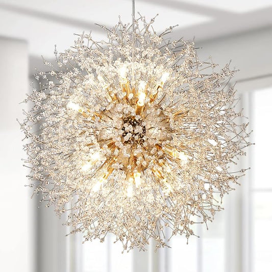 Dandelion Crystal Chandeliers, 16-Light Firework Pendant Light Fixtures in Gold, 80W Modern Crystal Sputnik Hanging Lights for Living Room Bedroom Hallway