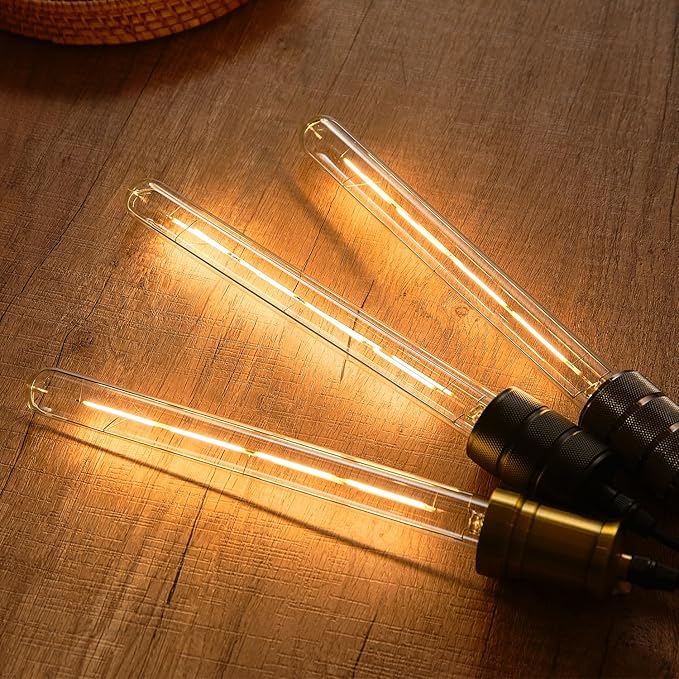 E26 LED Light Bulb,T10 Dimmable Led Tubular Bulb 6W,60 Watt Equivalent,T30 Long Bulbs 2700K Warm White,11In Edison Light Bulbs,T10 Clear Glass,6Pack.