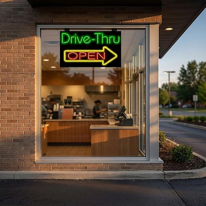 Large Drive-Thru Open Neon Sign - 37" wide x 22" high - Real, Quality Hand Bent Neon Sign - Bright Green & Red Letters with a Yellow Right Arrow