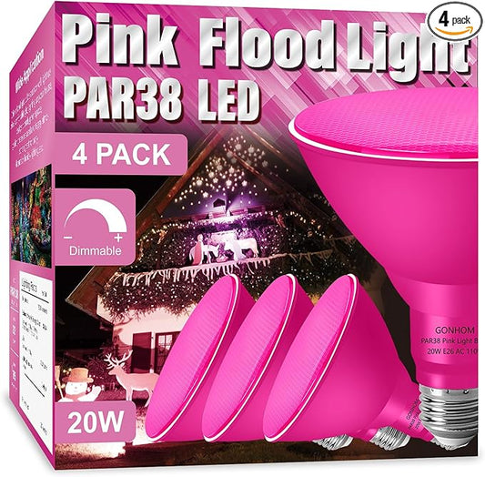 PAR38 Flood Lights Outdoor,Dimmable LED Flood Light Bulbs,20W(Equivalent to 200W),E26 Base,Outdoor Porch,Holiday Lighting,LED Flood Light Bulb for Halloween,Christmas,4 Pack Pink