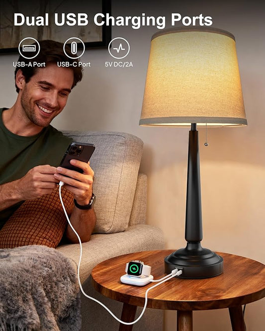 22'' Table Lamps for Living Room Set of 2: Farmhouse Vintage Lamps for Night Stands, Skinny Table Lamp with USB C+A Ports, 3-Way Dimmable Bedroom Lamp with Fabric Linen Lampshade, LED Bulbs Included