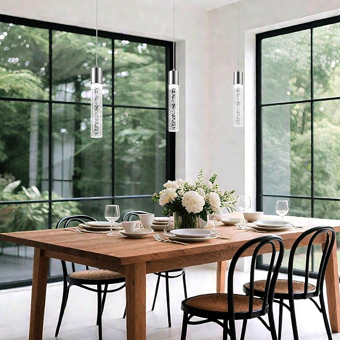 Pendant Lights Kitchen Island, 6500K Modern Kitchen Island Lights Brushed Nickel, 3 Pack Ceiling Lighting Fixtures with Crystal Bubble, Integrated LED Hanging Light for Dining Room Restaurant