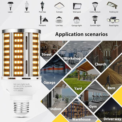 50W 6 pack LED Corn Light Bulb,3000K Warm White 6500LM(500W Equivalent ) Commercial GradeE26/E39 Medium Mogul Base LED Lamp,Large Area Lights For Outdoor Indoor Garage Warehouse Factory Bay Light