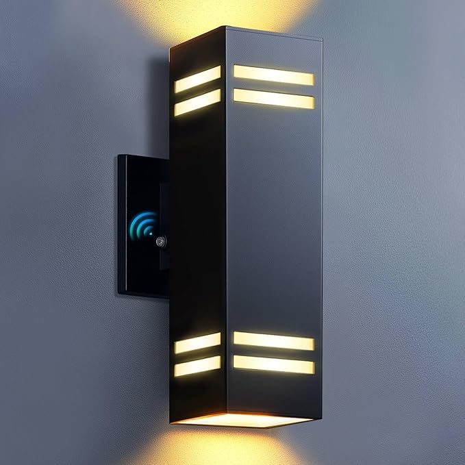 KIZON Outdoor Wall Lights Dusk to Dawn, Modern Outdoor Sconce Up and Down Lighting, Square Matte Black Exterior Lighting Fixture Wall Mount for House Porch, LED Bulbs Included, ETL Listed
