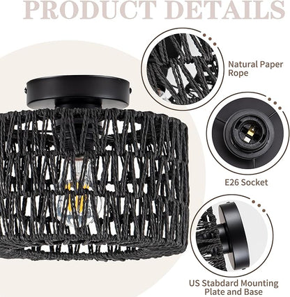 Rattan Ceiling Light, 1 Light Farmhouse Woven Flush Mount Ceiling Light, Boho Light Fixture for Bedroom Living Room Hallway Entryway, Black Finish