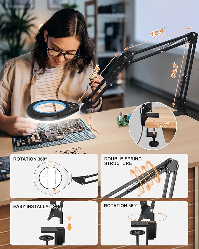 10X & 5X Magnifying Glass with Light, Ultra Long Swing Arm, 5 Colors & 10 Brightness, Real Glass Lens Large Magnifying Lamp for Craft Painting Workbench Jewelry Making Hobby Close Work (Blue)