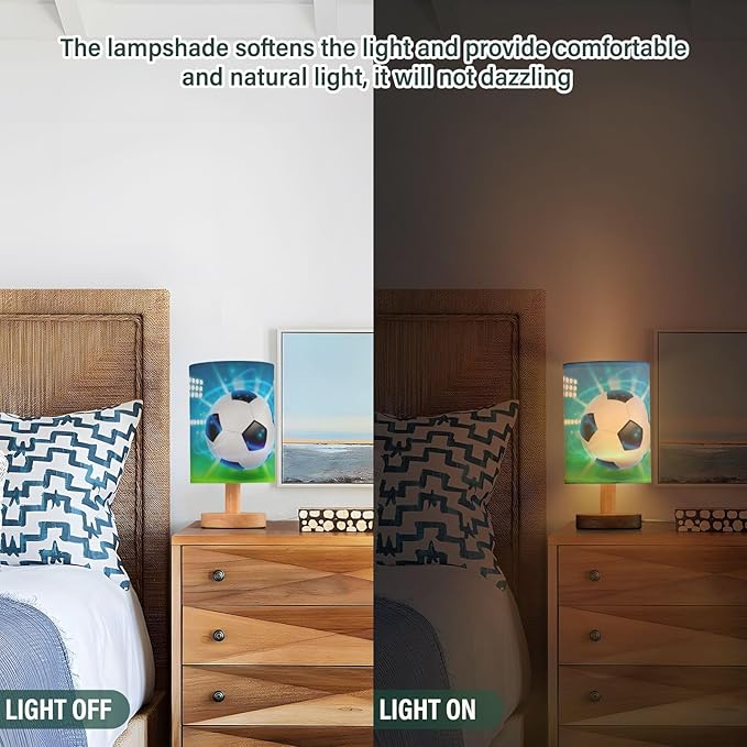 Bedside Lamp Soccer Ball on Field Table Lamp for Bedroom LED Nightstand Lamp Shade USB Ports Wood Base for Living Room Dorm Office