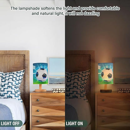Bedside Lamp Soccer Ball on Field Table Lamp for Bedroom LED Nightstand Lamp Shade USB Ports Wood Base for Living Room Dorm Office