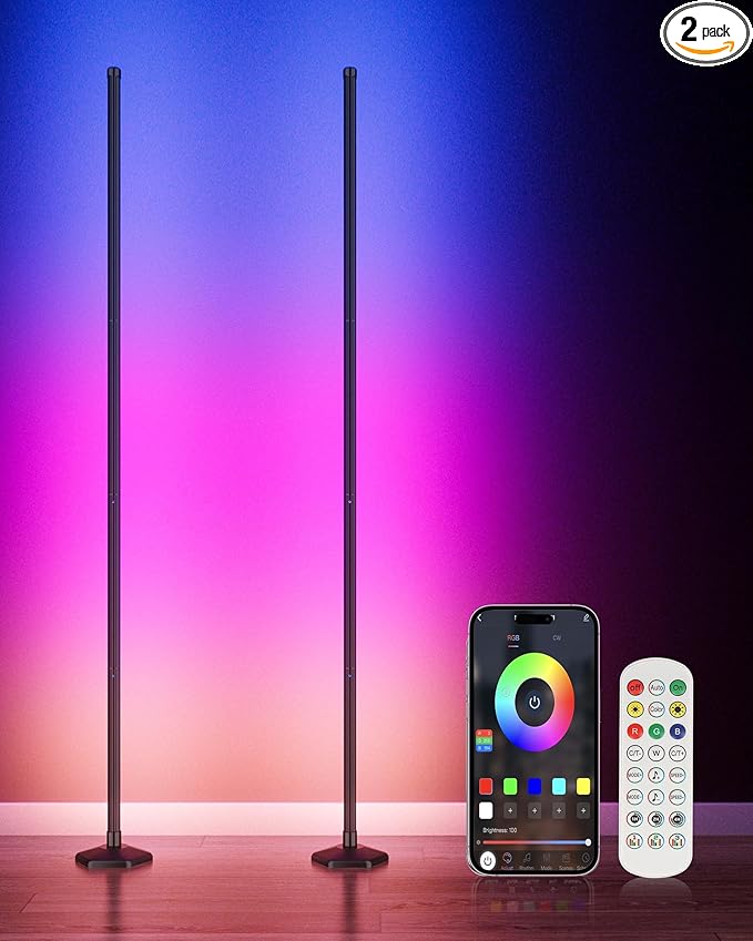 2PCS RGB+W Corner Floor Lamp, 65" Color Changing 24V LED Floor Lamp with Cool White Bluetooth APP Remote Control Music Sync Atmospheres Lamp 16 Million DIY Colors for Living Room Bedroom