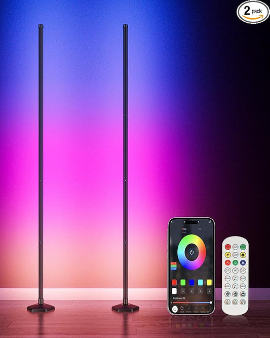 2PCS RGB+W Corner Floor Lamp, 65" Color Changing 24V LED Floor Lamp with Cool White Bluetooth APP Remote Control Music Sync Atmospheres Lamp 16 Million DIY Colors for Living Room Bedroom