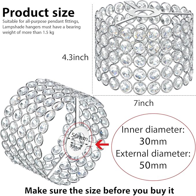 Boao Crystal Lamp Shade Ceiling Light Shade Chandelier Lampshade Fitting for Living Room Bedroom Bathroom Wedding Centerpiece Event Party, Warm White, Bulb Not Included(7 x 7 x 4.3 Inch,Silver)