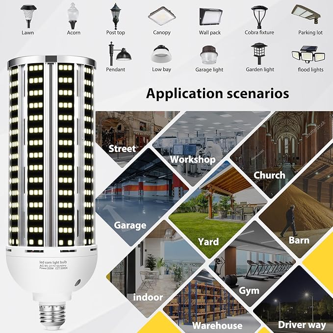 200W LED Corn Light Bulb 4 pack,(2000W Equivalent )Commercial Grade 30500LM DayLight 5000K E26/E39 Medium Mogul Base LED Lamp,Large Area Lights For Outdoor Indoor Garage Warehouse Factory Bay Light