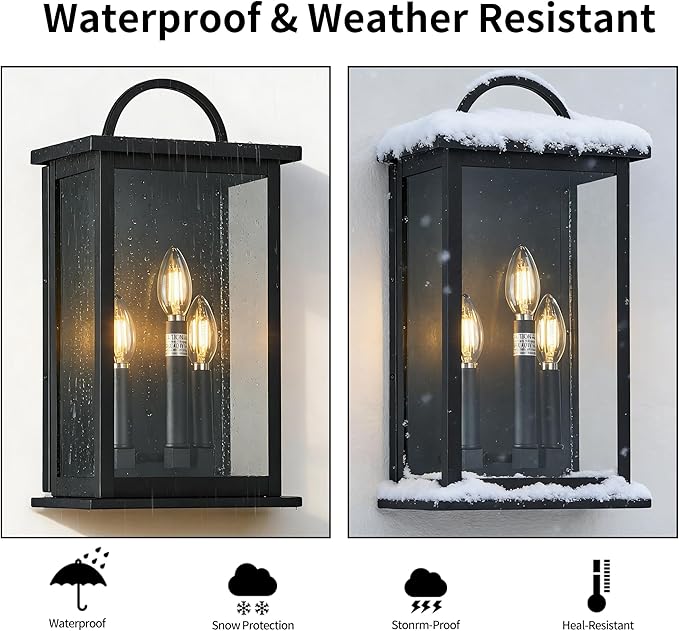Outdoor Wall Light Fixture,3 -Light in Black Rectangular Metal Frame and Clear Glass Shade,Waterproof Exterior Sconce for Front Door, Porch, Garage,Bulbs Not Included