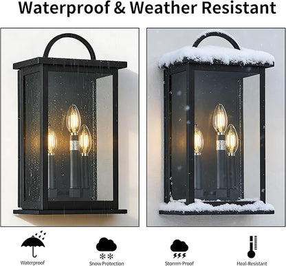 Outdoor Wall Light Fixture,3 -Light in Black Rectangular Metal Frame and Clear Glass Shade,Waterproof Exterior Sconce for Front Door, Porch, Garage,Bulbs Not Included