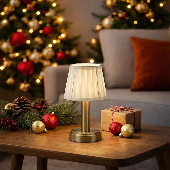 11'' Vintage Antique Brass Type-C Rechargeable Cordless LED Table Lamp Touch Control Mini Desk Lamp with Fabric ShadeDimmable Nightstand Light for Bedroom Living Room Study Room