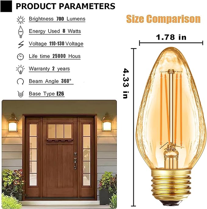 Leools F15 8W Led Porch Light Bulb Outdoor, E26 Medium Base LED Post Bulb for 75W Incandescent Equivalent,Dimmable 2700K Warm White Flame Wrinkle Amber Glass, for Ceiling Fan and Lantern Lamp, 6-Pack