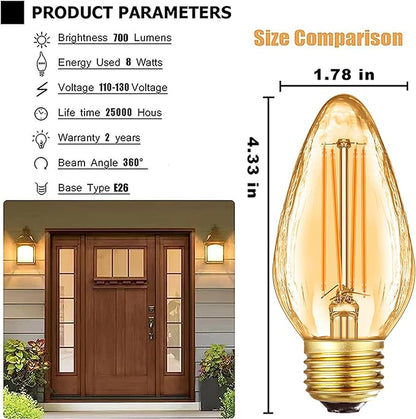 Leools F15 8W Led Porch Light Bulb Outdoor, E26 Medium Base LED Post Bulb for 75W Incandescent Equivalent,Dimmable 2700K Warm White Flame Wrinkle Amber Glass, for Ceiling Fan and Lantern Lamp, 6-Pack