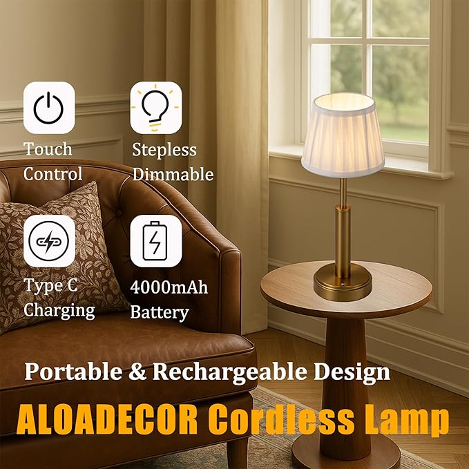 16'' Vintage Fabric Shade Rechargeable LED Table Lamp Touch Control Cordless USB Nightstand Lamp in Antique Brass with Stepless Dimming for Bedroom Dorm Living Room
