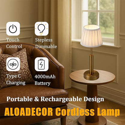 16'' Vintage Fabric Shade Rechargeable LED Table Lamp Touch Control Cordless USB Nightstand Lamp in Antique Brass with Stepless Dimming for Bedroom Dorm Living Room