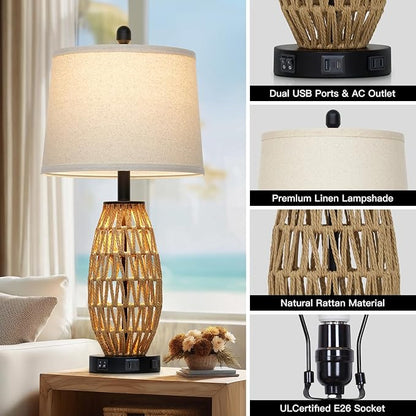 27" Rattan Table Lamps Set of 2, Boho Wicker Lamp with Night Light, Bedside Lamps for Bedroom with USB A+C Charging Port & AC Outlet, Farmhouse Coastal Woven Lamp for Nightstand Living Room