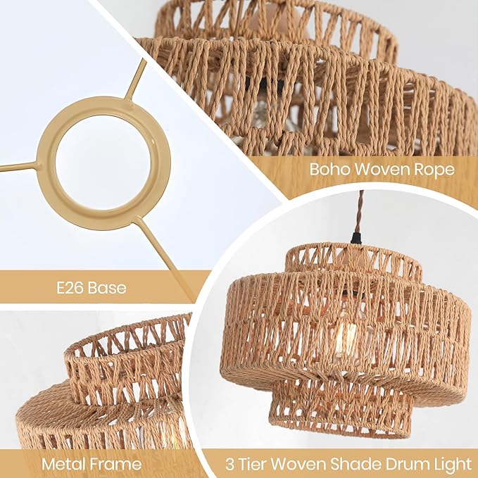 Boho Rattan Lamp Shades for Pendant Light Chandelier Floor Lamps Replacement,Rustic 3-Tier Drum Lamp Shade with Hand-Woven Rattan for Living Room Kitchen Dining Room Office Hotel.