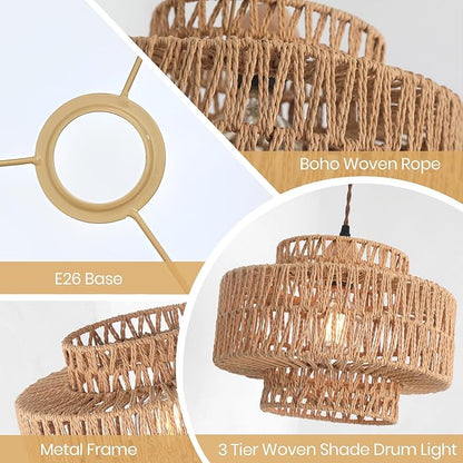 Boho Rattan Lamp Shades for Pendant Light Chandelier Floor Lamps Replacement,Rustic 3-Tier Drum Lamp Shade with Hand-Woven Rattan for Living Room Kitchen Dining Room Office Hotel.