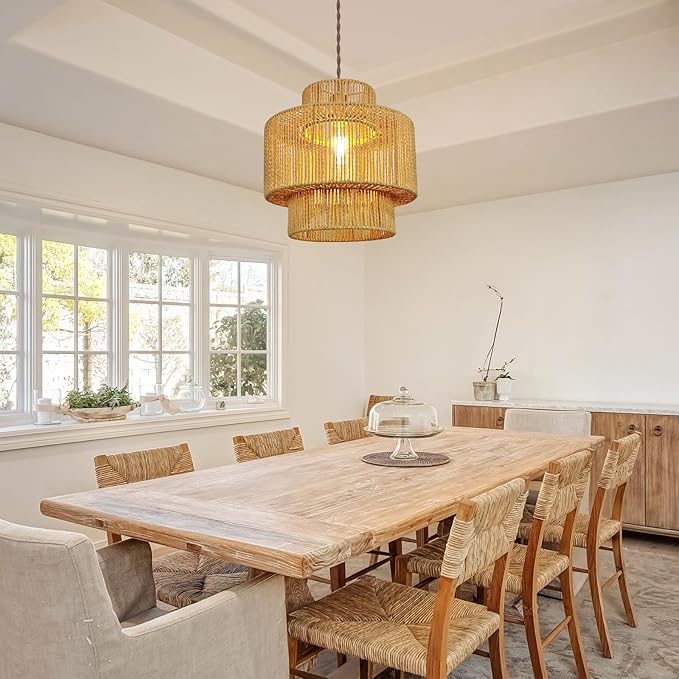Boho Rattan Lamp Shades for Pendant Light Chandelier Floor Lamps Replacement,Rustic 3-Tier Drum Lamp Shade with Hand-Woven Rattan for Living Room Kitchen Dining Room Office Hotel.