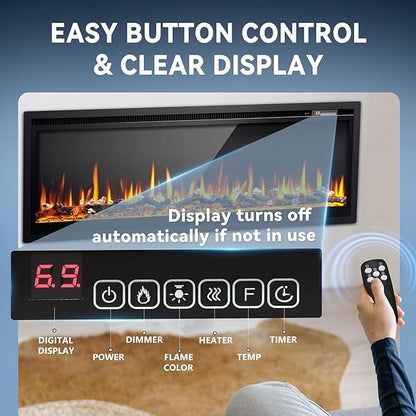 EUHOMY 50 Inch Electric Fireplace Recessed Wall Mounted Freestanding with Remote Control, Ultra-thin Fireplace Heater with Adjustable Flame Color, Linear Fireplace with Timer, Log & Crystal, 750/1500W