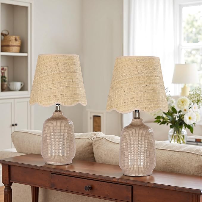 19" Boho Ceramic Table Lamp Set of 2, Handmade Ceramic Base with Rattan Shade, Farmhouse Plug-in Bedside Nightstand Lamps for Bedroom, Living Room, E26 Socket, Grey