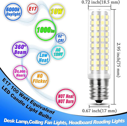 E17 LED Light Bulb 10 Watt Equivalent 100W 6000K Daylight White 1000lm 120V E17 Intermediate Base LED Bulb for Desk Lamp,Ceiling Fan Lights, Headboard Reading Lights, Non-Dimmable, 3 Pack