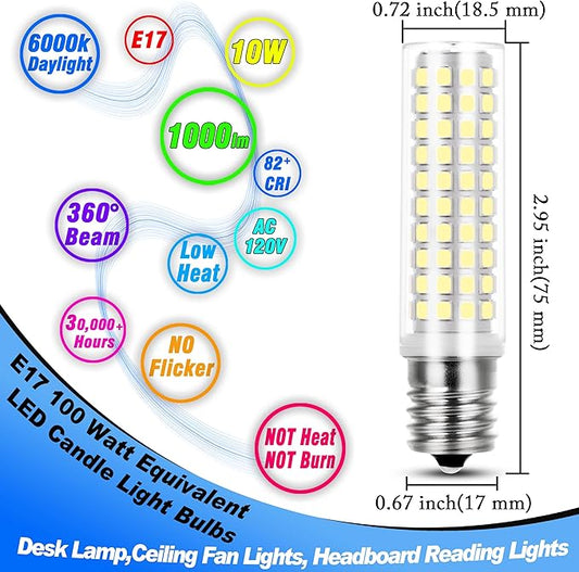 E17 LED Light Bulb 10 Watt Equivalent 100W 6000K Daylight White 1000lm 120V E17 Intermediate Base LED Bulb for Desk Lamp,Ceiling Fan Lights, Headboard Reading Lights, Non-Dimmable, 3 Pack