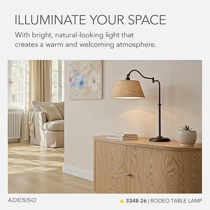 Adesso Rodeo Table Lamp with 180 Degree Adjustable Arm and Shade, Antique Bronze and Burlap, 27” Height, Versatile Bedside Table or Desk Lamp