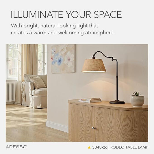 Adesso Rodeo Table Lamp with 180 Degree Adjustable Arm and Shade, Antique Bronze and Burlap, 27” Height, Versatile Bedside Table or Desk Lamp