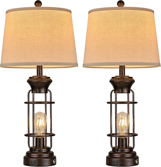 Table Lamps for Living Room Set of 2, 28" Tall Farmhouse Table Lamp with USB C+A Ports, Bedroom Lamps for Nightstand with White Oatmeal Lampshade, 4 Bulbs Included