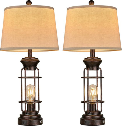 Table Lamps for Living Room Set of 2, 28" Tall Farmhouse Table Lamp with USB C+A Ports, Bedroom Lamps for Nightstand with White Oatmeal Lampshade, 4 Bulbs Included