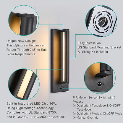 Modern PIR Motion Sensor Outdoor LED Wall Light, with a Rotatable Beam and 245° Adjustment, 3 Lighting Sensor Modes, IP65 Waterproof, Suitable for Porches, Balconies, Gardens, Garages.