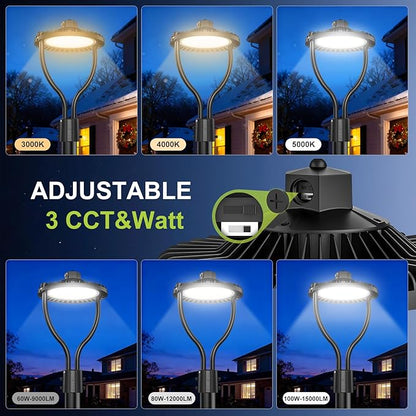 6 Pack LED Post Top Light, Selectable Wattage (100W/80W/60W) & Color Temperature (3000K/4000K/5000K), DLC & ETL Listed, 15000LM with Photocell, IP65 Waterproof for Yard and Street