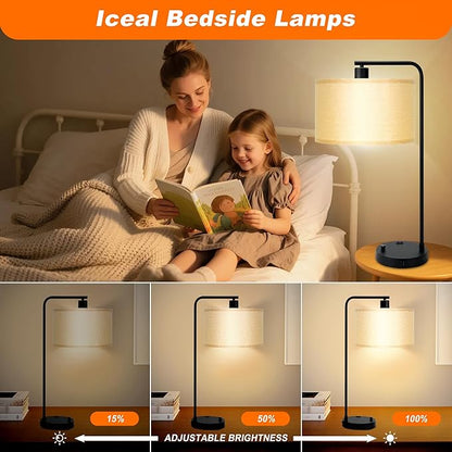 Tall Table Lamp for Bedroom Set of 2 with USB Port and Outlet, Dimmable Nightstand Bedside Lamps with Linen Lampshade, Desk Lamp for Bedroom, Living Room, Guest Room, Home Office, LED Bulb Included