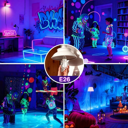 6 Pack E26 A19 Filament LED Black Light Bulbs, 9W Blacklight Bulb, 100W Equivalent, Black Light Bulb Glow in Dark Party Fluorescent Posters Decor Display